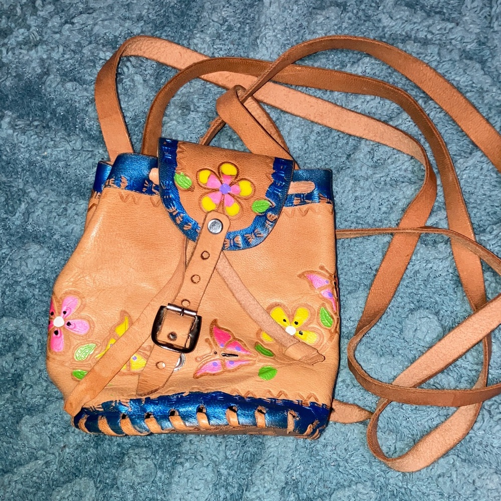Handcrafted Tan Leather Crossbody with Blue Trim and Floral Embroidery 5”